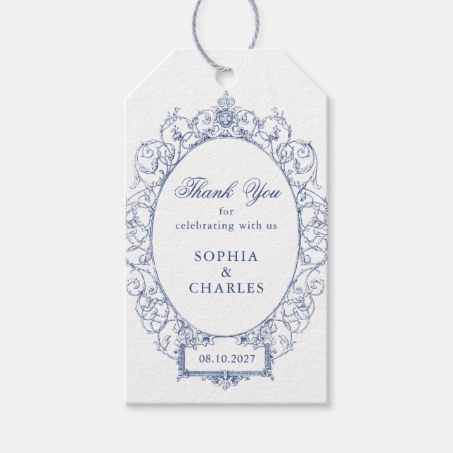 Elegant Blommigt Ornament Ram Bröllop Royal Blue Presentetikett (Framsidan)