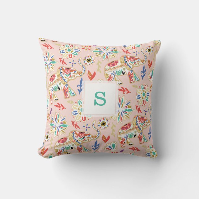 Elegant Blommigt Ornate Elephant Mönster Kudde (Framsida)