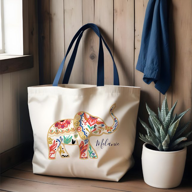 Elegant Blommigt Ornate Elephant Mönster Tygkasse (Elegant Floral Decorative Ornate Elephant Pattern Tote Bag)