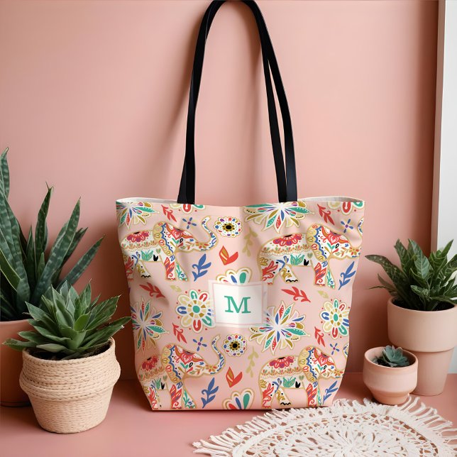 Elegant Blommigt Ornate Elephant Mönster Tygkasse (Elegant Floral Decorative Ornate Elephant Pattern Tote Bag)