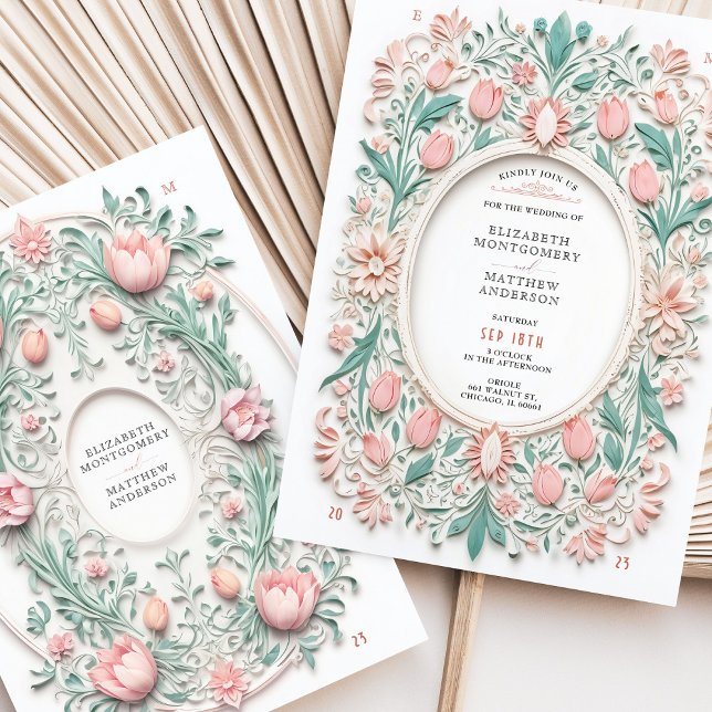 Elegant Blommigt Pastel Faux Papercut Bröllop Inbjudningar (Skapare uppladdad)