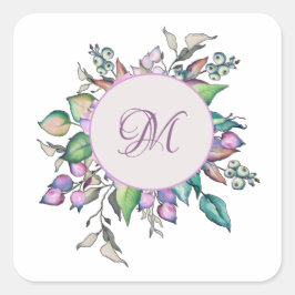 Elegant Blommigt Pastel Watercolor Monogram Fyrkantigt Klistermärke