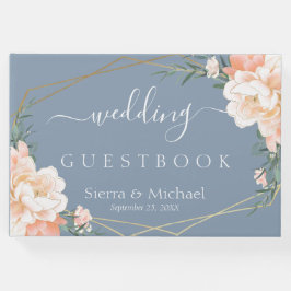 Elegant Blommigt Peach Cream Guld Dusty Blue Bröll Gästböcker