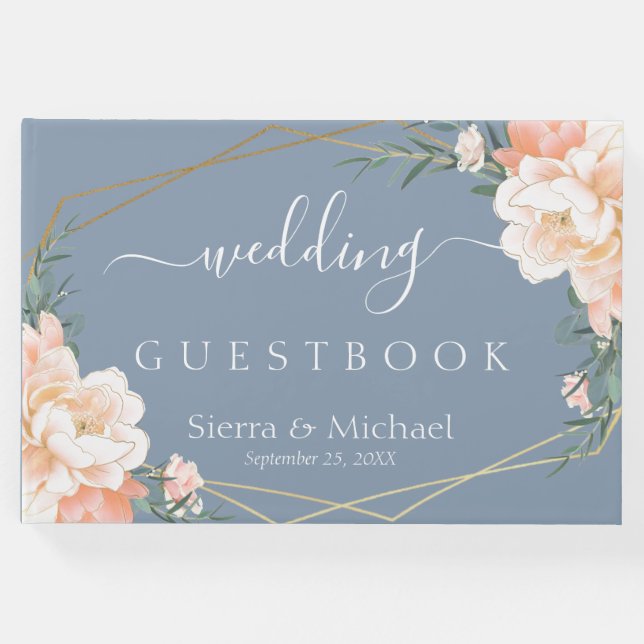 Elegant Blommigt Peach Cream Guld Dusty Blue Bröll Gästböcker (Framsida)