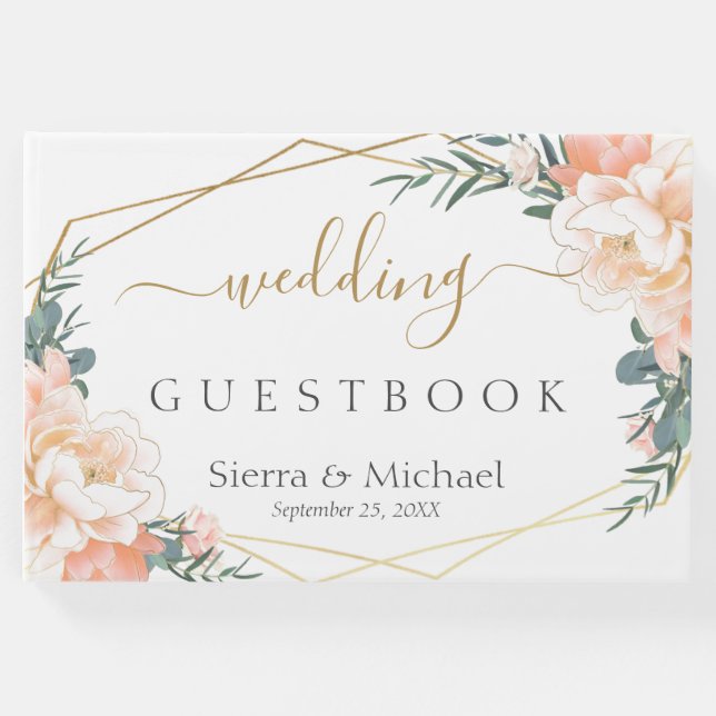 Elegant Blommigt Peach Cream Guld Geometric Bröllo Gästböcker (Framsida)