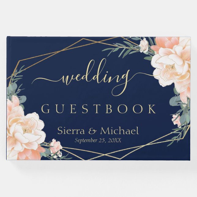 Elegant Blommigt Peach Cream Guld marinblå Bröllop Gästböcker (Framsida)