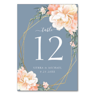 Elegant Blommigt Peach Dusty Blue Guld Bröllop Bordsnummer