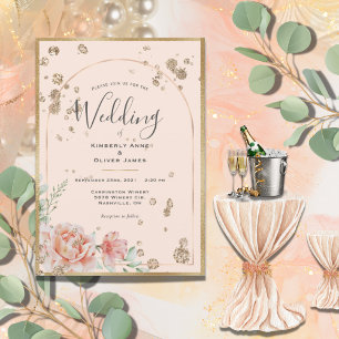 Elegant Blommigt Peach Guld Bröllop Inbjudningar