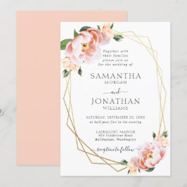 Elegant Blommigt Peach Guld Geometric Bröllop Inbjudningar