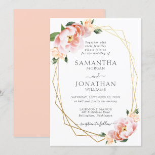 Elegant Blommigt Peach Guld Geometric Bröllop Inbjudningar