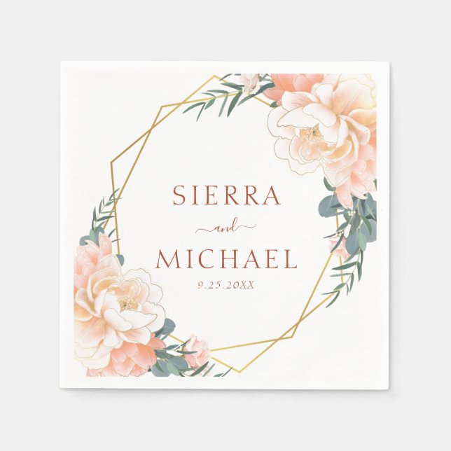 Elegant Blommigt Peach Guld Terracotta Bröllop Pappersservett (Framsidan)