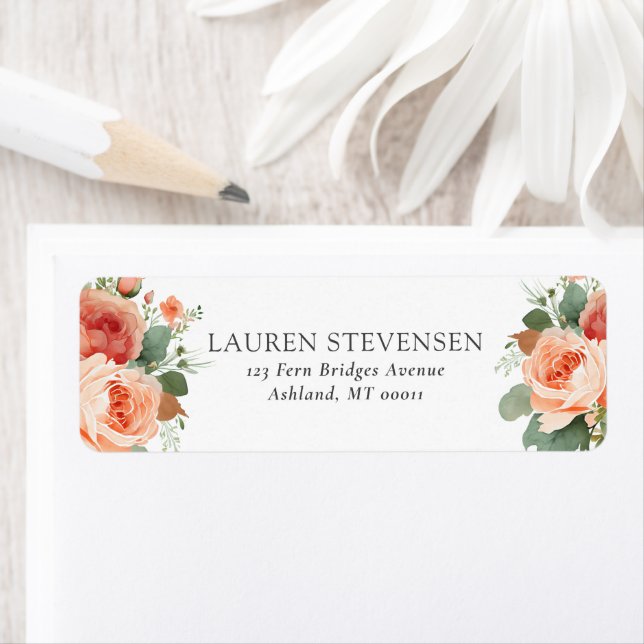 Elegant Blommigt Peach Ro Fall Wedding Returadress Etikett (Insitu)