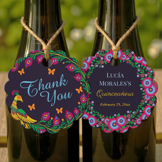 Elegant Blommigt Peacock Folk Art Fiesta Quinceane Gåvor Etiketter (Skapare uppladdad)