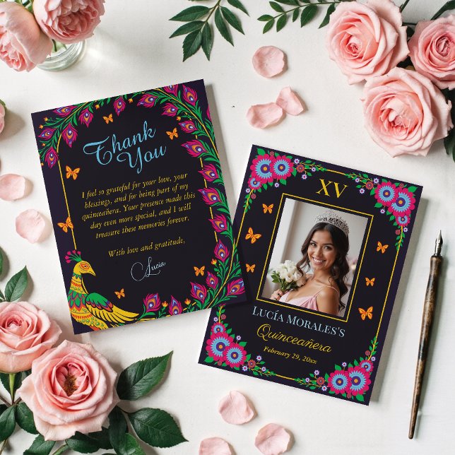 Elegant Blommigt Peacock Folk Art Fiesta Quinceane Tack Kort (Skapare uppladdad)