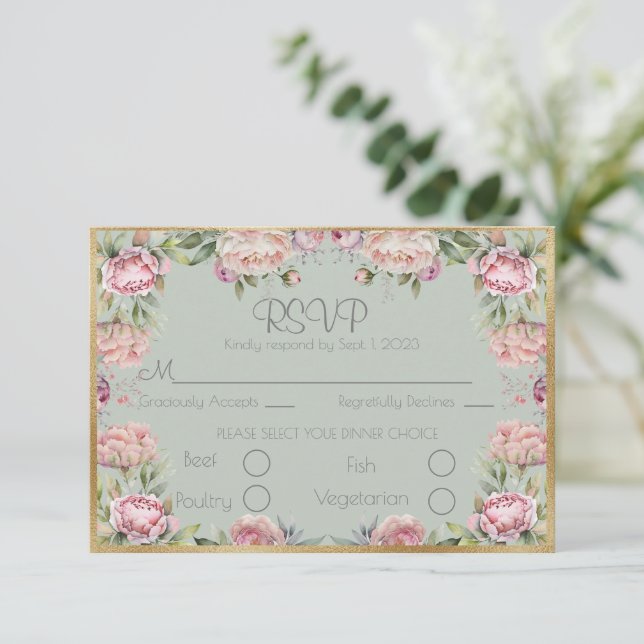 Elegant Blommigt Peonies Guld Script Bröllop OSA Kort (Stående Fram)