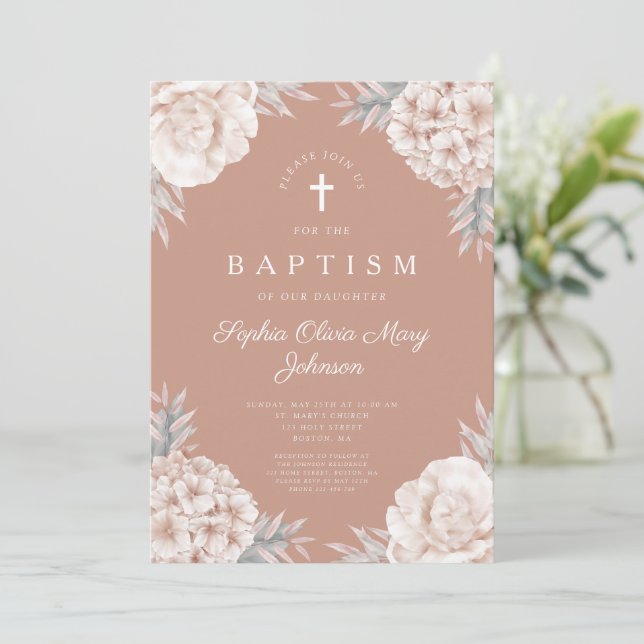 Elegant Blommigt Peonies Kor Girl Girl Baptism Inbjudningar (Stående Fram)