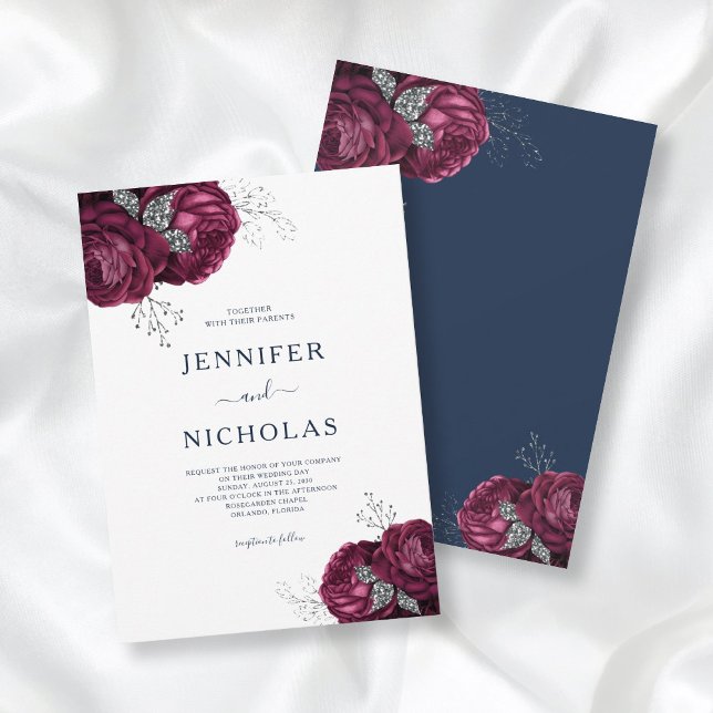 Elegant Blommigt Peonies Navy Blue Burgundy Bröllo Inbjudningar (Skapare uppladdad)
