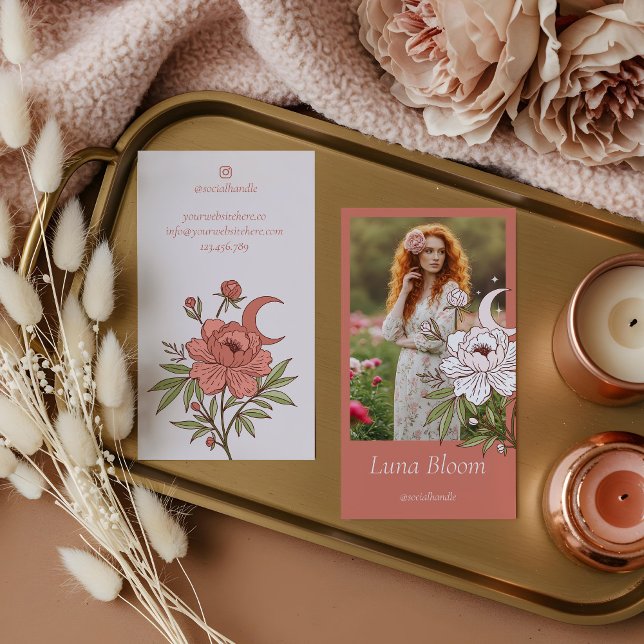 Elegant Blommigt Peony Celestial Holistic Måne Pho Visitkort (Elegant Floral Peony Celestial Holistic Moon Photo Business Card)