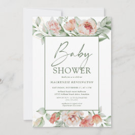 Elegant Blommigt Peony Greenery Script Baby Shower Inbjudningar