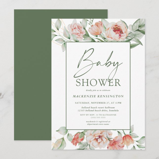 Elegant Blommigt Peony Greenery Script Baby Shower Inbjudningar (Fram/baksida)