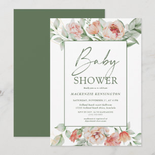 Elegant Blommigt Peony Greenery Script Baby Shower Inbjudningar