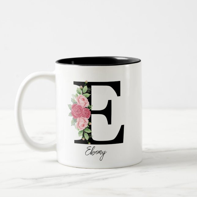 Elegant Blommigt Personlig Monogram kaffe Mugg E (Vänster)