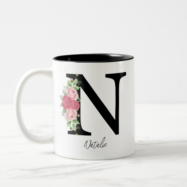 Elegant Blommigt Personlig Monogram kaffe Mugg N (Vänster)