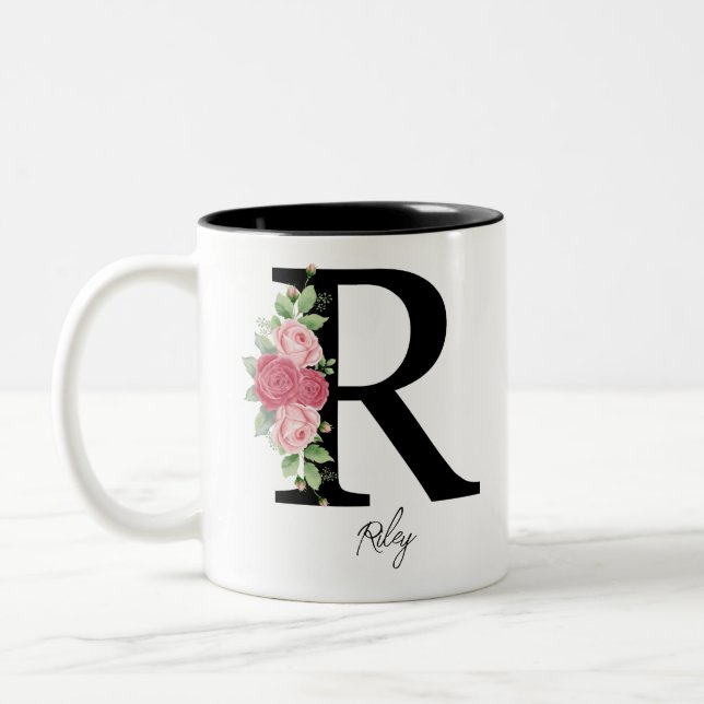 Elegant Blommigt Personlig Monogram kaffe Mugg R (Vänster)