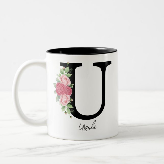 Elegant Blommigt Personlig Monogram kaffe Mugg U (Vänster)