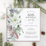 Elegant Blommigt Poinsettia 60:e födelsedagen i de Inbjudningar<br><div class="desc">Med alla julårens festliga vibes har den här vinterdesignen av den 60:e födelsedagsfesten en vacker kaskadbukett av vita vattenfärgspolar och efterföljande röd och grönt blommigt inslag på ren vit bakgrund. Du kan redigera åldern till vilken ålder som helst om det behövs. Längsdagar i december får ofta borttappad i helgdag. Få...</div>