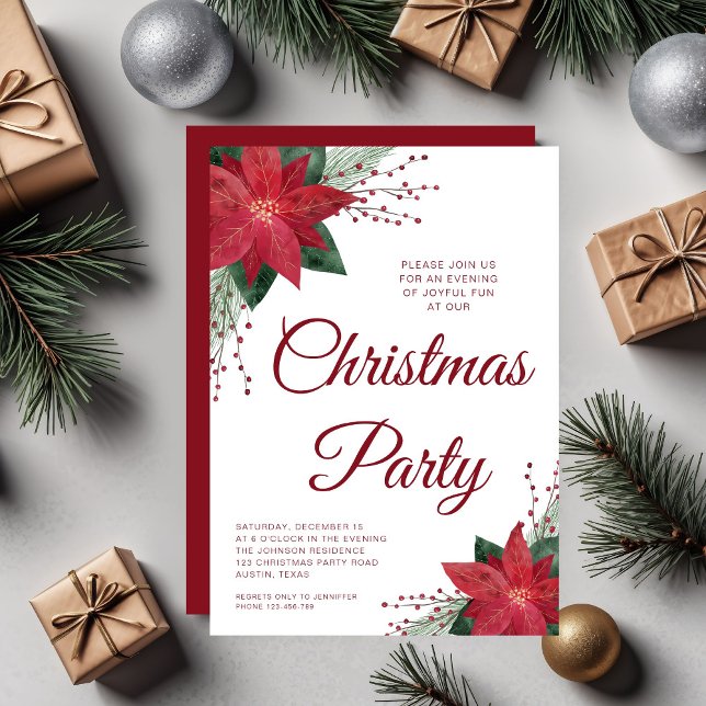 Elegant Blommigt Poinsettia jul Party Inbjudningar (Elegant Floral Poinsettia Christmas Party Invitation)