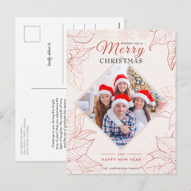 Elegant Blommigt Poinsettia Red Photo jul Helg Vykort (Fram/baksida)