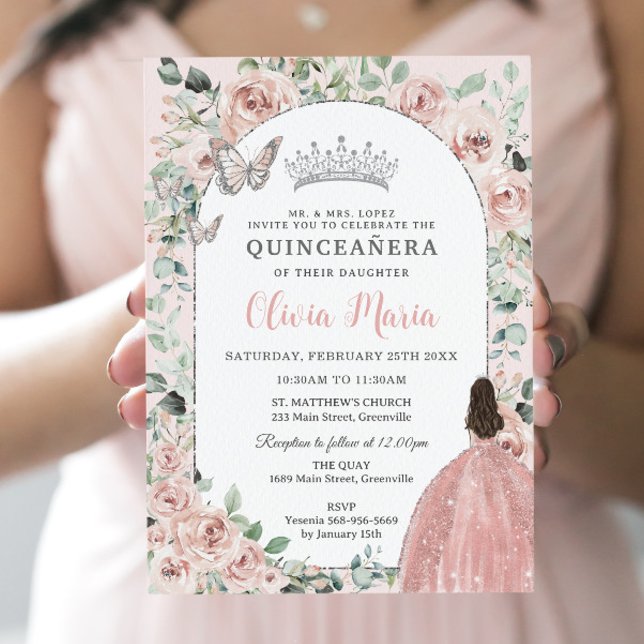 Elegant  Blommigt Princess Silver Quinceañera Inbjudningar (Skapare uppladdad)