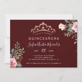 Elegant blommigt princess tiara burgundy Quinceane Inbjudningar