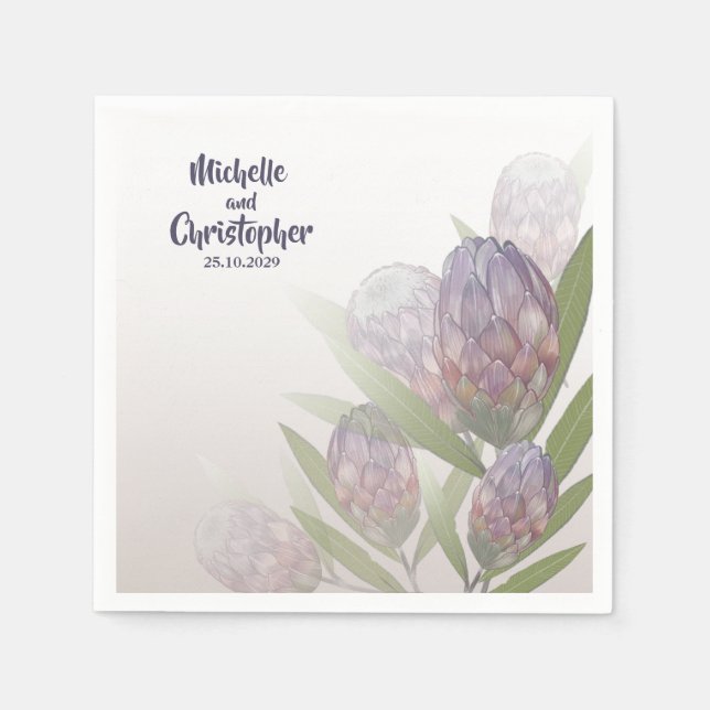 Elegant Blommigt Protea Lila Beige Bröllop Napkins Pappersservett (Framsidan)