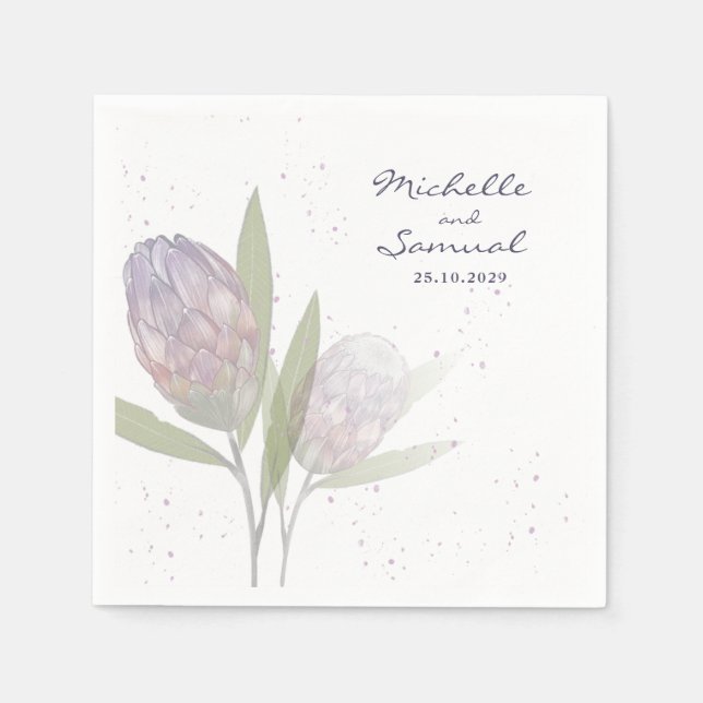 Elegant Blommigt Protea Lila Beige Bröllop Napkins Pappersservett (Framsidan)