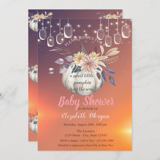 Elegant Blommigt Pumpkin,Ljus, Baby Shower Inbjudningar (Fram/baksida)