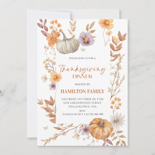 Elegant Blommigt Pumpkin Thanksgiving Dinner Inbjudningar (Framsida)