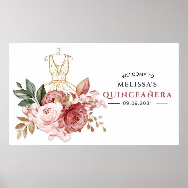 Elegant Blommigt Quinceanera 15:e födelsedagen Poster (Framsidan)