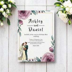 Elegant Blommigt Ram Bride och Groom Boho Bröllop Inbjudningar