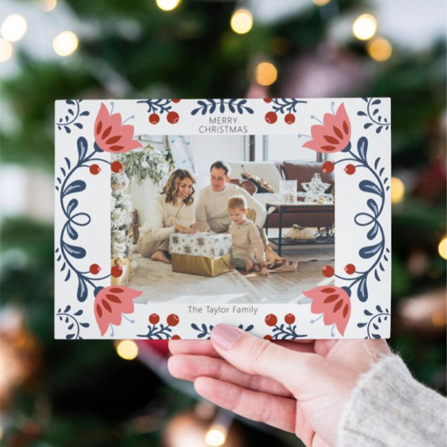 Elegant Blommigt Ram jul ett foto Julkort (Elegant Floral Frame Christmas One Photo Holiday Cards from Ricaso. Add your own photograph & text)