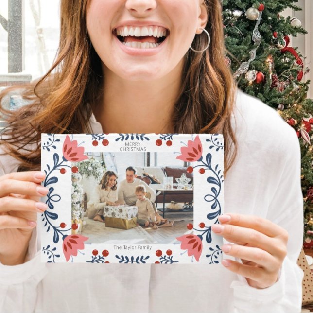 Elegant Blommigt Ram jul två foto Julkort (Elegant Floral Frame Christmas Two Photo Holiday Cards from Ricaso Add your own photo and text)