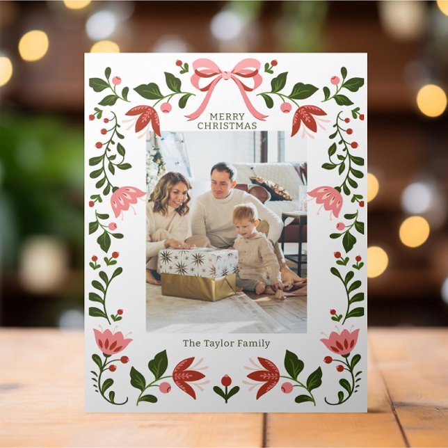 Elegant Blommigt Ram julfoto Julkort (Elegant Floral Frame Christmas Photo Holiday Cards from Ricaso. Add your own photograph and text)