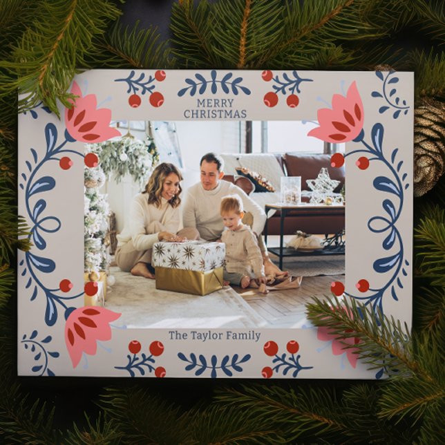 Elegant Blommigt Ram julfoto Julkort (Elegant Floral Frame Christmas Photo Holiday Cards from Ricaso. Easy add your own photo and text)