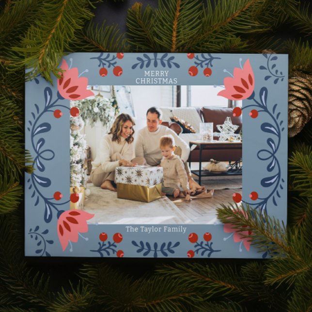 Elegant Blommigt Ram julfoto Julkort (Elegant Floral Frame Christmas Photo Holiday Cards from Ricaso. Add your own photograph and text)