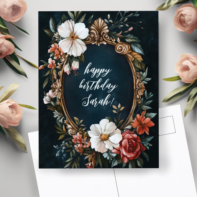 Elegant Blommigt Ram Vintage ANPASSNINGSBAR BIRTHD Vykort (Elegant Floral Frame Vintage CUSTOM BIRTHDAY NAME Postcard
)