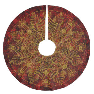 Elegant Blommigt Red, Black & Guld Mandala Julgransmatta Borstad Polyester