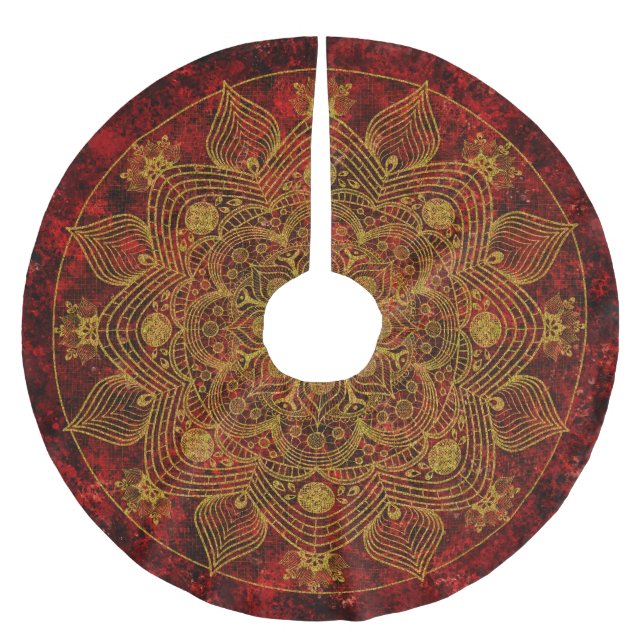 Elegant Blommigt Red, Black & Guld Mandala Julgransmatta Borstad Polyester (Framsidan)