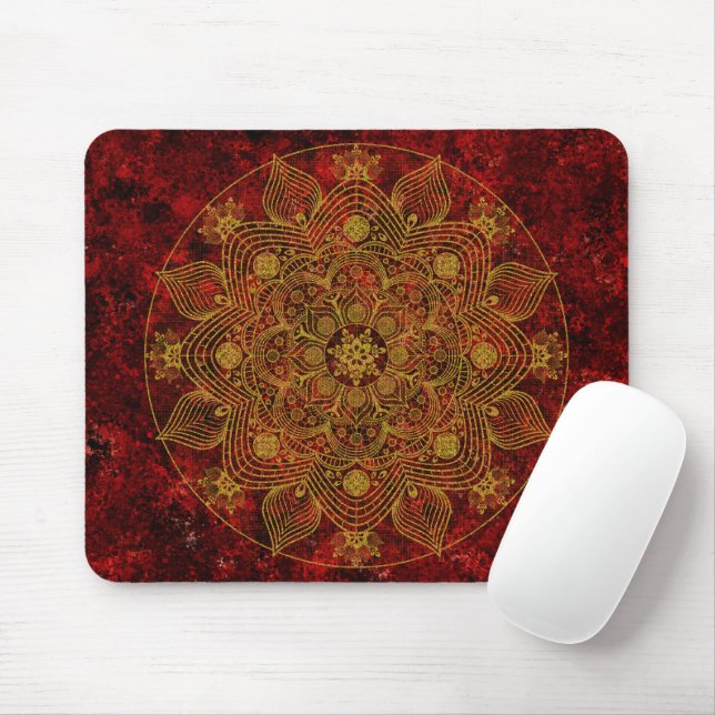 Elegant Blommigt Red, Black & Guld Mandala Musmatta (Med mus)