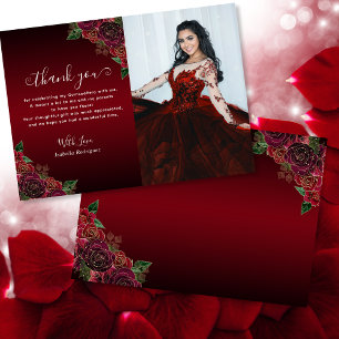 Elegant Blommigt Red Guld Quinceañera Birthday Pho Tack Kort